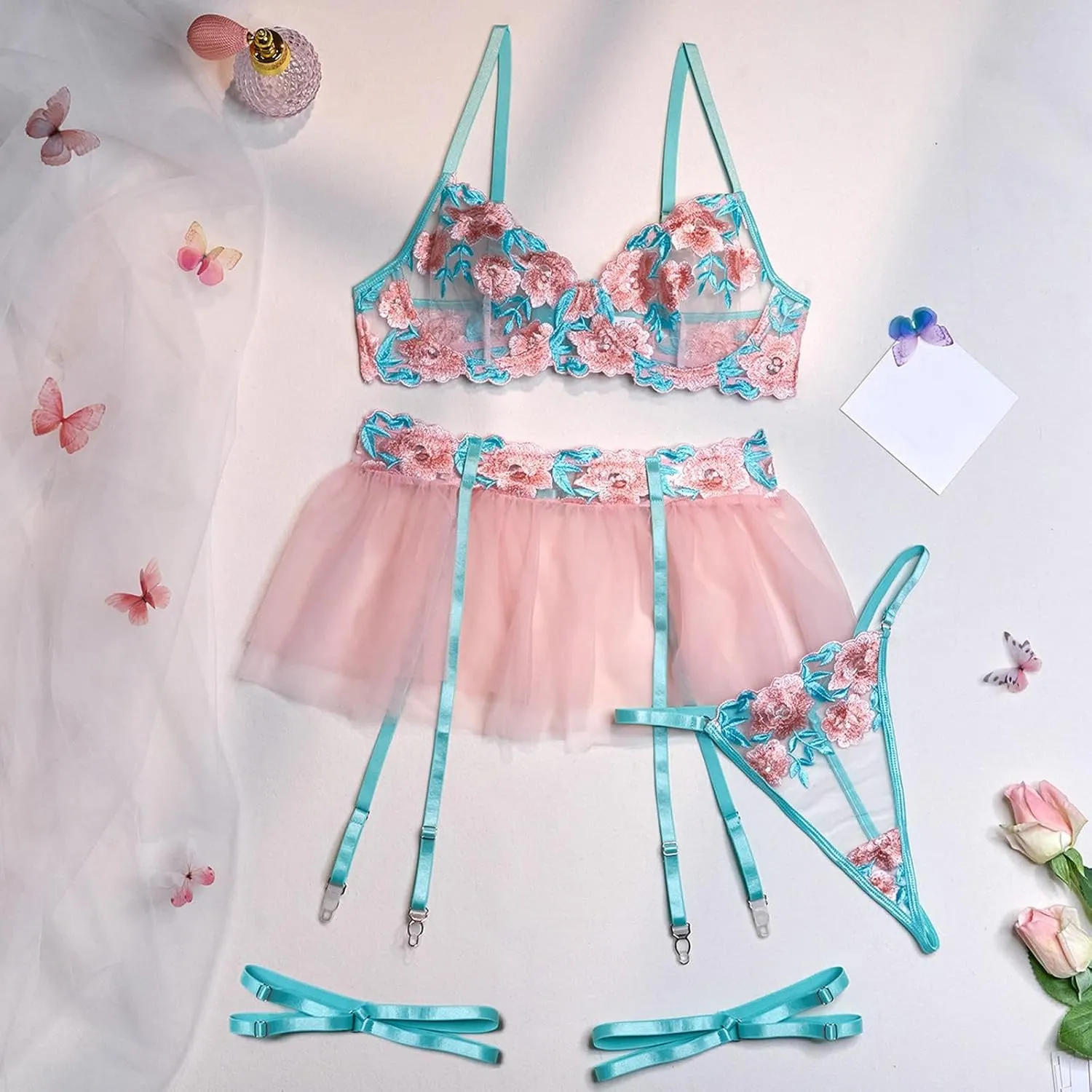 Women Fashion Print Mesh Lingerie Lace Lingerie Three Pieces Set Sexy Underwear Sexy Petite Lingerie Bodysuit See Through