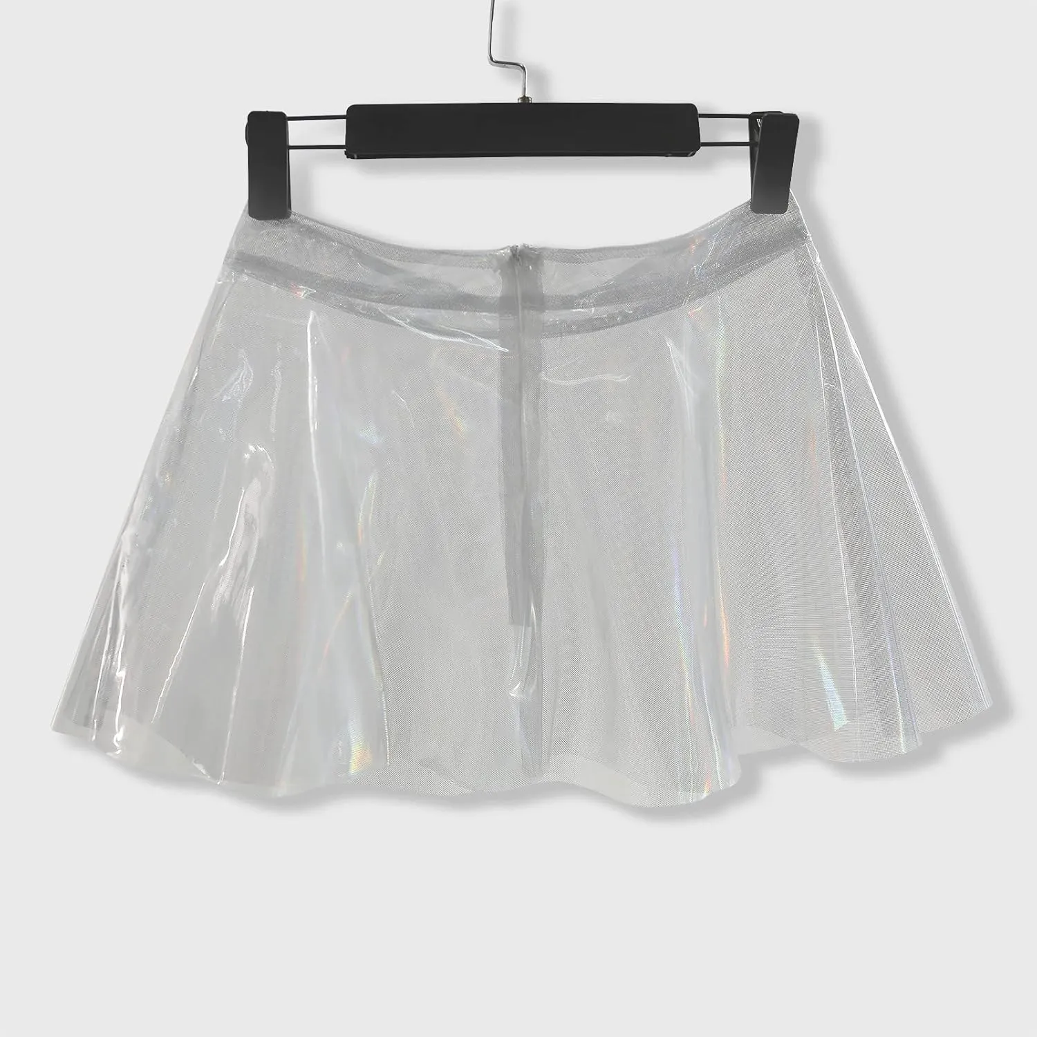 Women Flared Pleated Skirts Shiny See Through Mini Skirt High Waist Clubwear Novelty High Waist Skirts Winter (Clear, L)