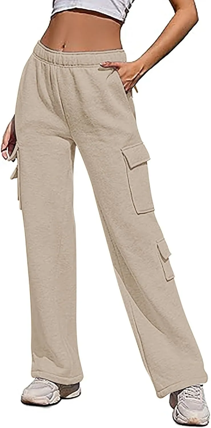 Women Fleece Lined Sweatpants Baggy Wide Straight Leg Pants Casual Comfy High Waisted Cargo Joggers Loose Fit with Pockets