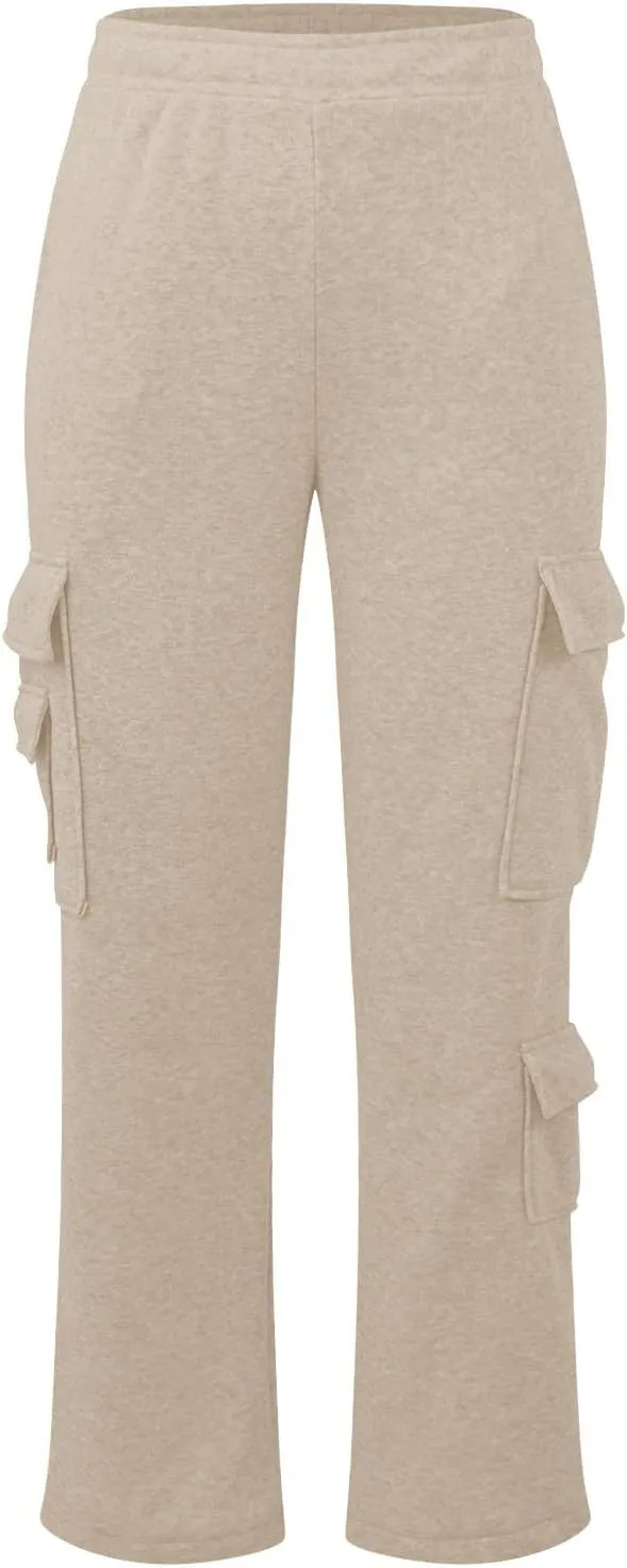Women Fleece Lined Sweatpants Baggy Wide Straight Leg Pants Casual Comfy High Waisted Cargo Joggers Loose Fit with Pockets