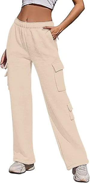 Women Fleece Lined Sweatpants Baggy Wide Straight Leg Pants Casual Comfy High Waisted Cargo Joggers Loose Fit with Pockets