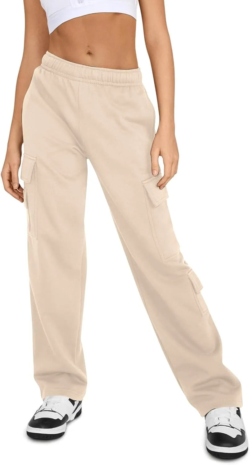 Women Fleece Lined Sweatpants Baggy Wide Straight Leg Pants Casual Comfy High Waisted Cargo Joggers Loose Fit with Pockets