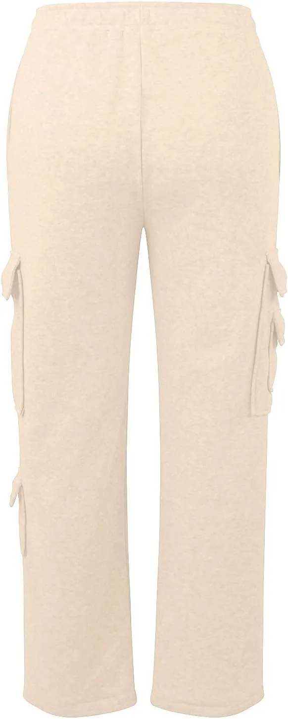 Women Fleece Lined Sweatpants Baggy Wide Straight Leg Pants Casual Comfy High Waisted Cargo Joggers Loose Fit with Pockets