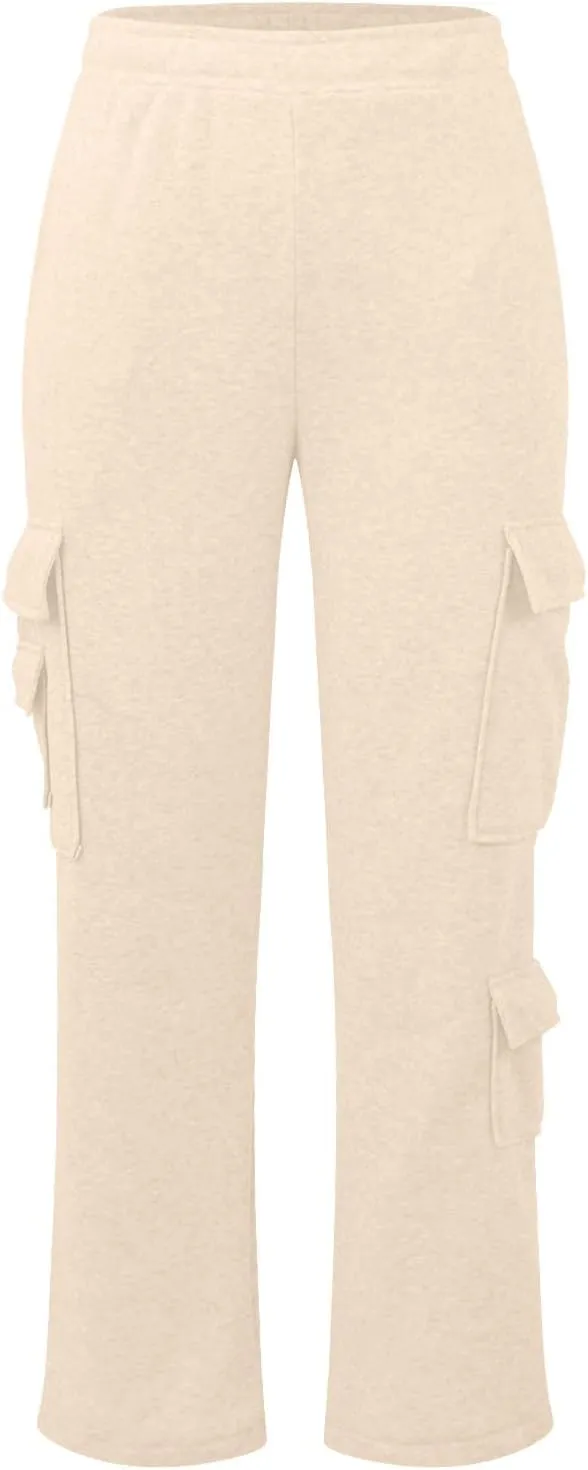 Women Fleece Lined Sweatpants Baggy Wide Straight Leg Pants Casual Comfy High Waisted Cargo Joggers Loose Fit with Pockets