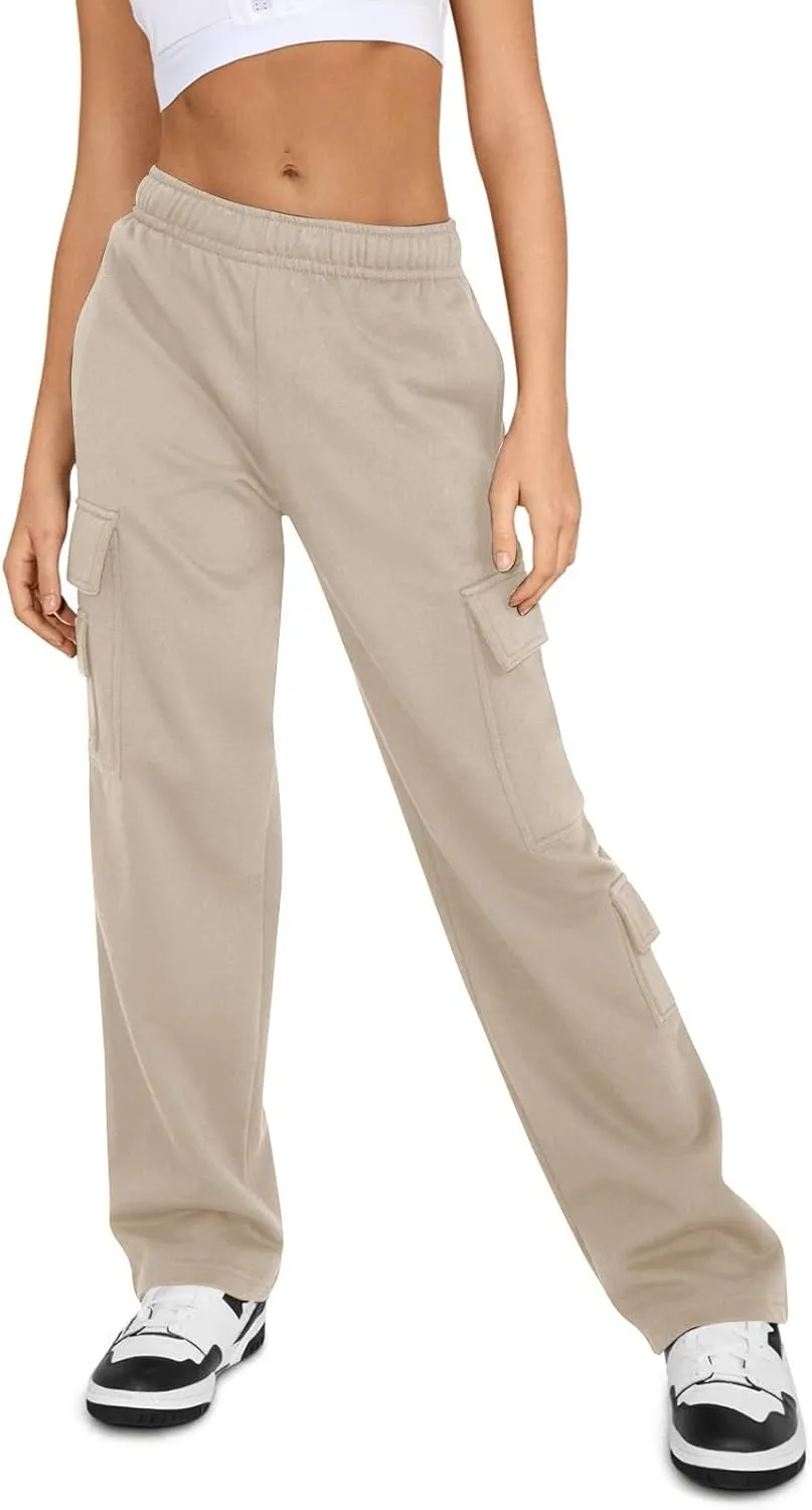 Women Fleece Lined Sweatpants Baggy Wide Straight Leg Pants Casual Comfy High Waisted Cargo Joggers Loose Fit with Pockets