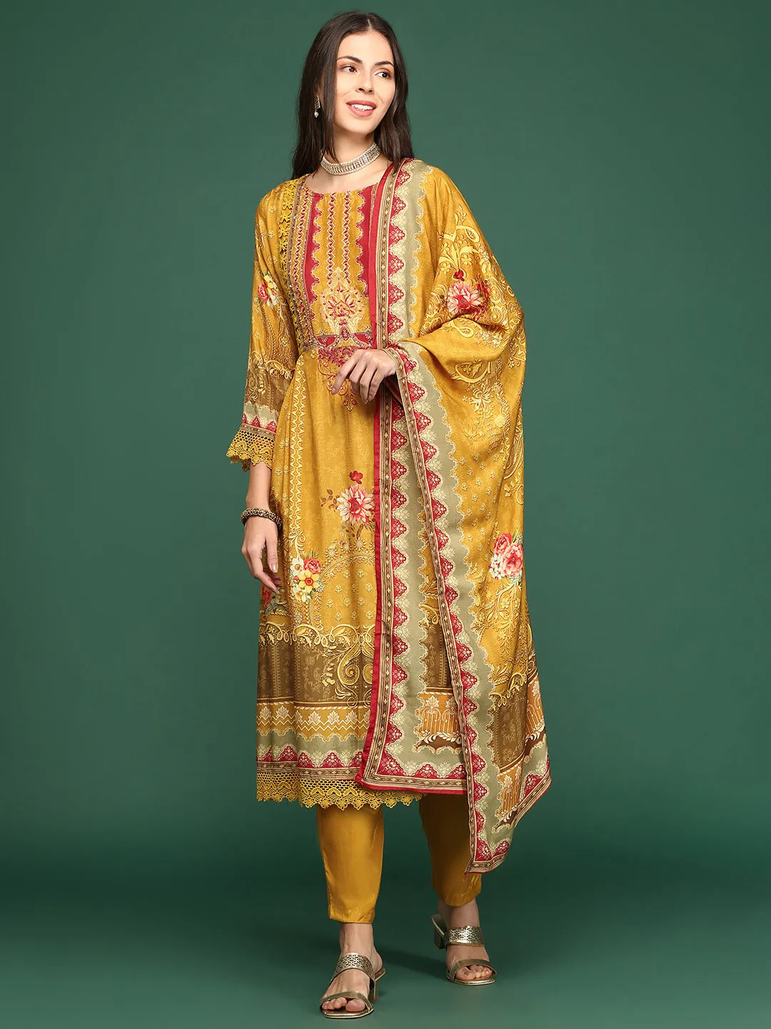 Women Floral Mustard Anarkali Kurta Set with Dupatta