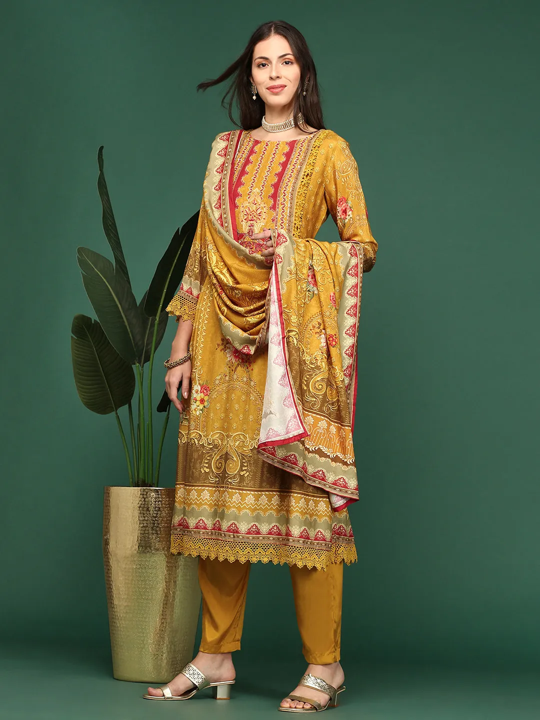 Women Floral Mustard Anarkali Kurta Set with Dupatta
