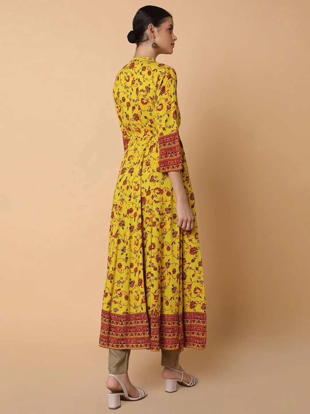 Women Floral Mustard Anarkali Kurta