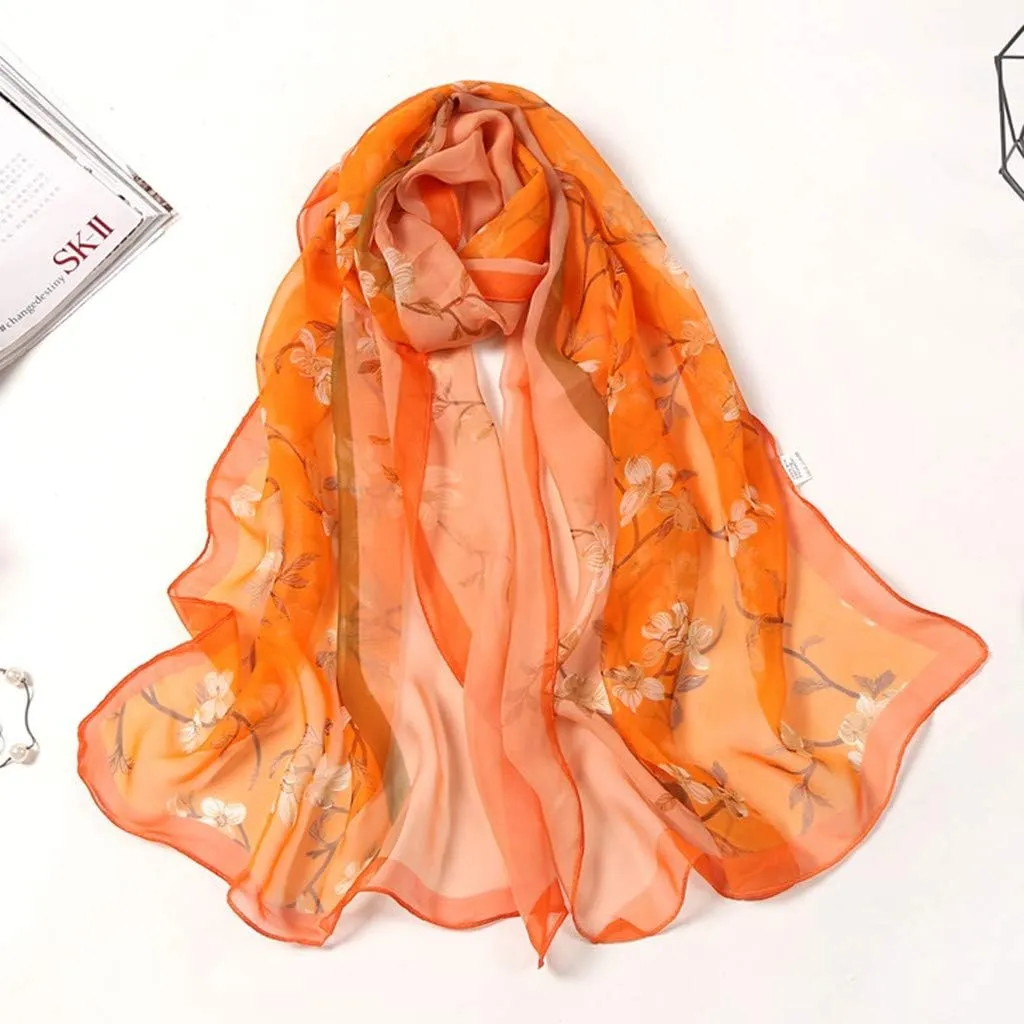 Women Flower Print Long Scarf Soft Silk Wrap Shawl Scarves Warm Soft Chunky Large Wrap Scarf