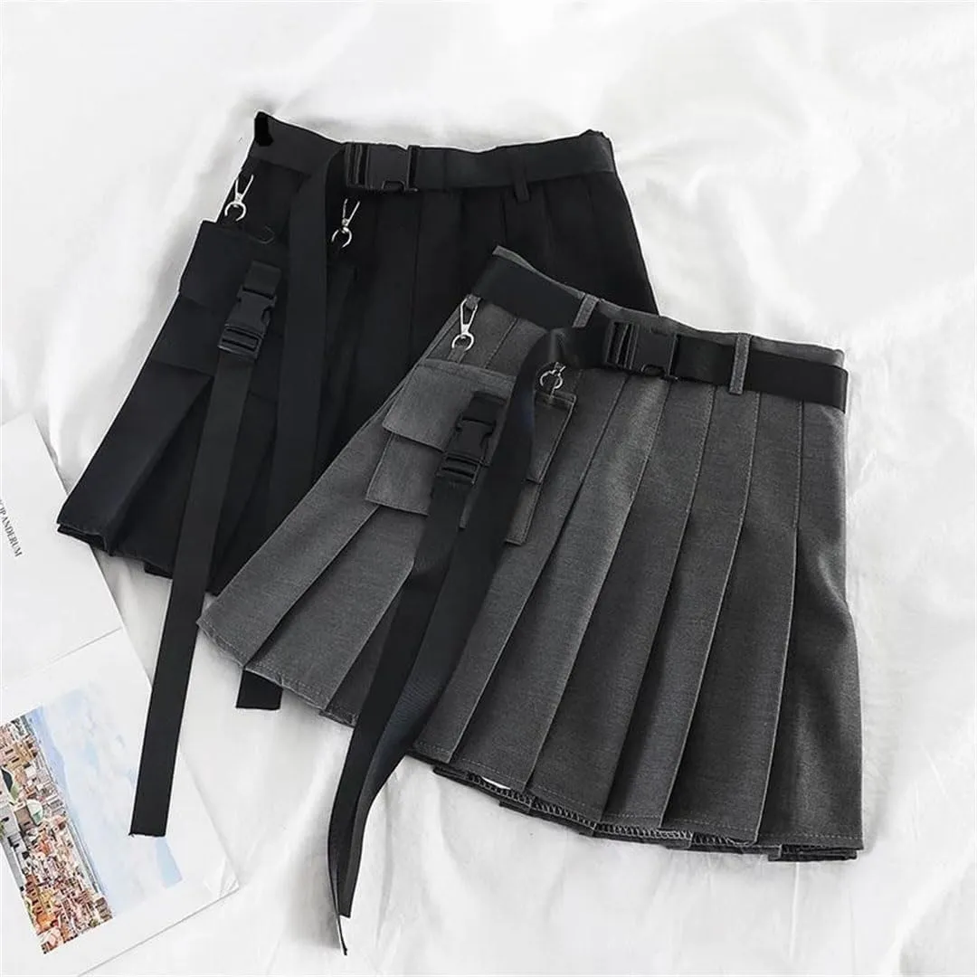 Women High Waist Mini Black Skirts Pleated Skirts with Bag Gothic Streetwear Skirt