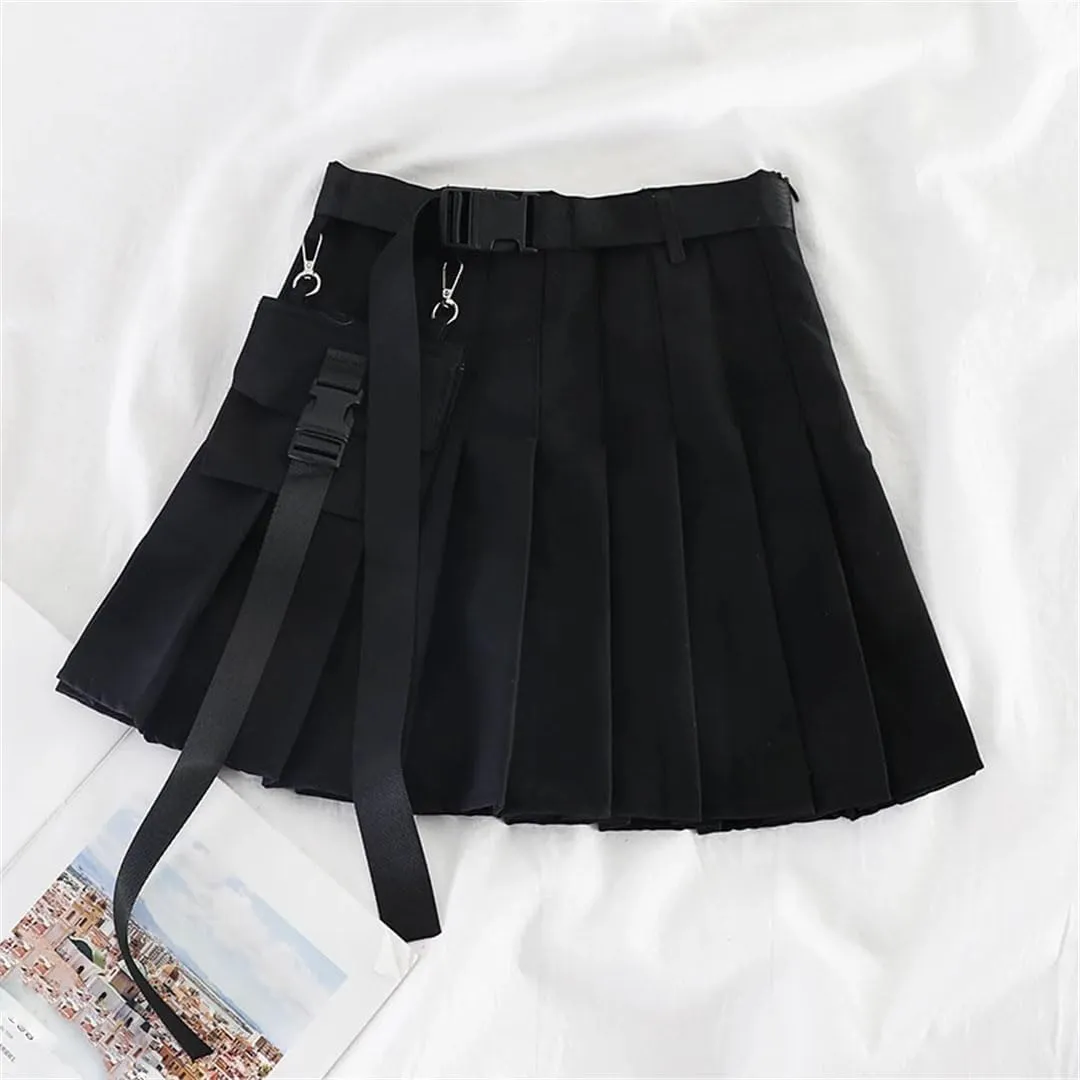 Women High Waist Mini Black Skirts Pleated Skirts with Bag Gothic Streetwear Skirt