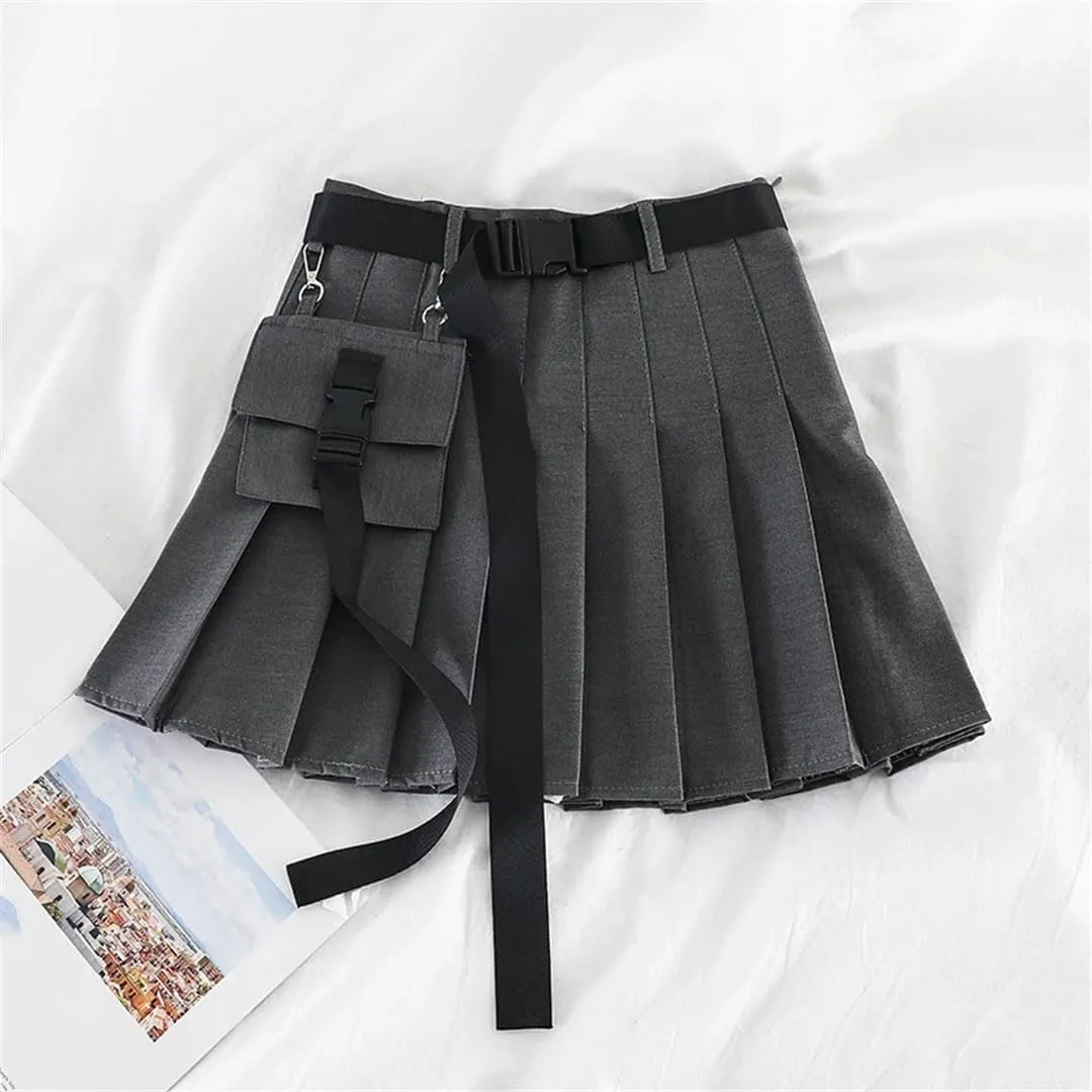 Women High Waist Mini Black Skirts Pleated Skirts with Bag Gothic Streetwear Skirt