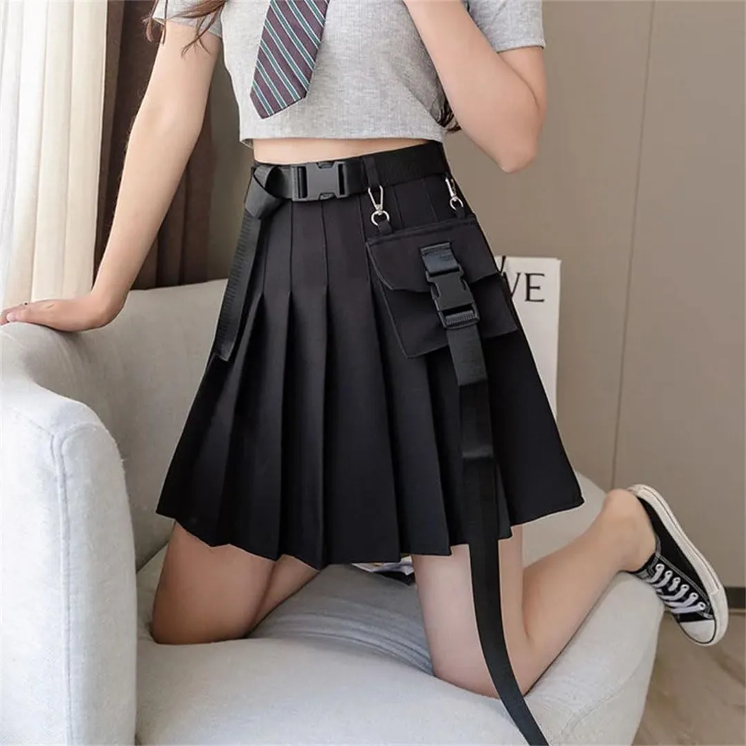 Women High Waist Mini Black Skirts Pleated Skirts with Bag Gothic Streetwear Skirt