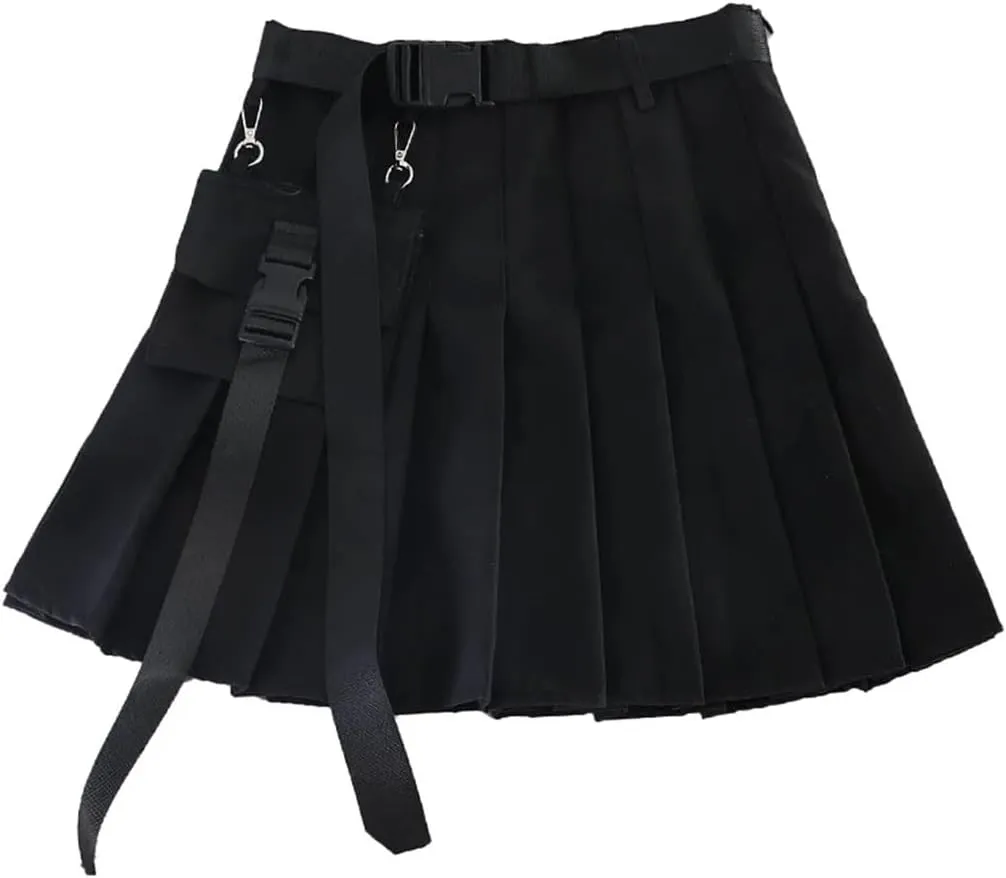 Women High Waist Mini Black Skirts Pleated Skirts with Bag Gothic Streetwear Skirt