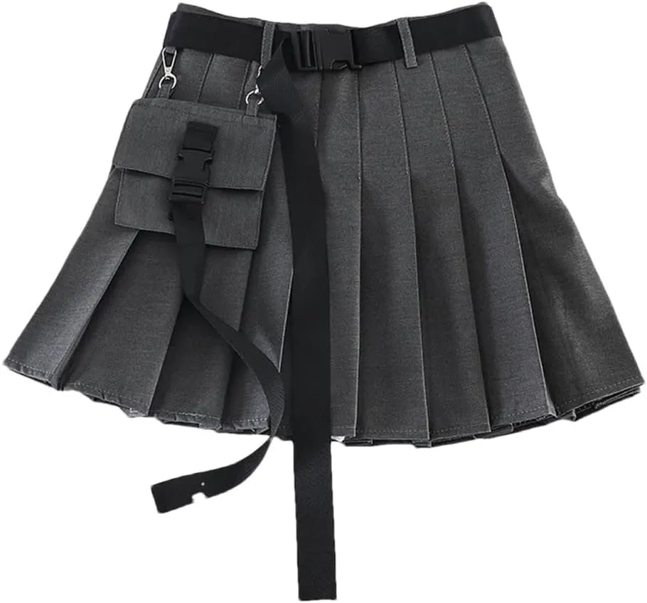 Women High Waist Mini Black Skirts Pleated Skirts with Bag Gothic Streetwear Skirt