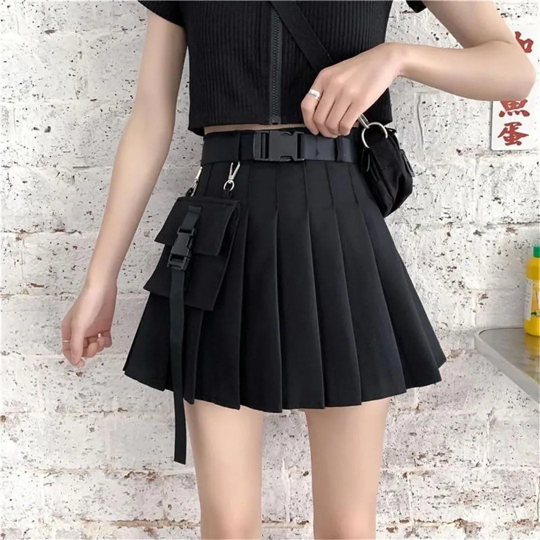 Women High Waist Mini Black Skirts Pleated Skirts with Bag Gothic Streetwear Skirt