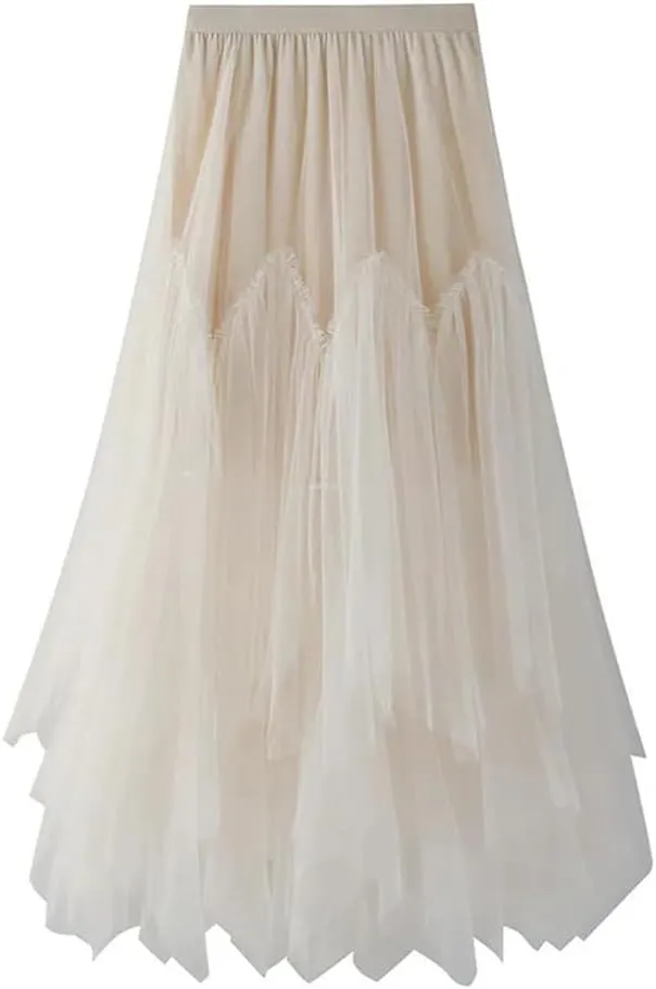 Women Irregular Long Tulle Skirts Ladies High Waist Ankle-Length Tutu Maxi Skirts
