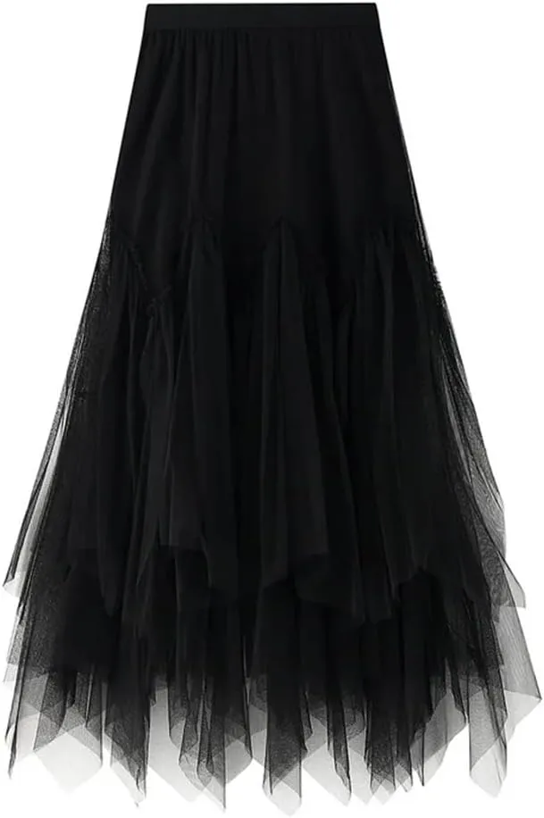 Women Irregular Long Tulle Skirts Ladies High Waist Ankle-Length Tutu Maxi Skirts