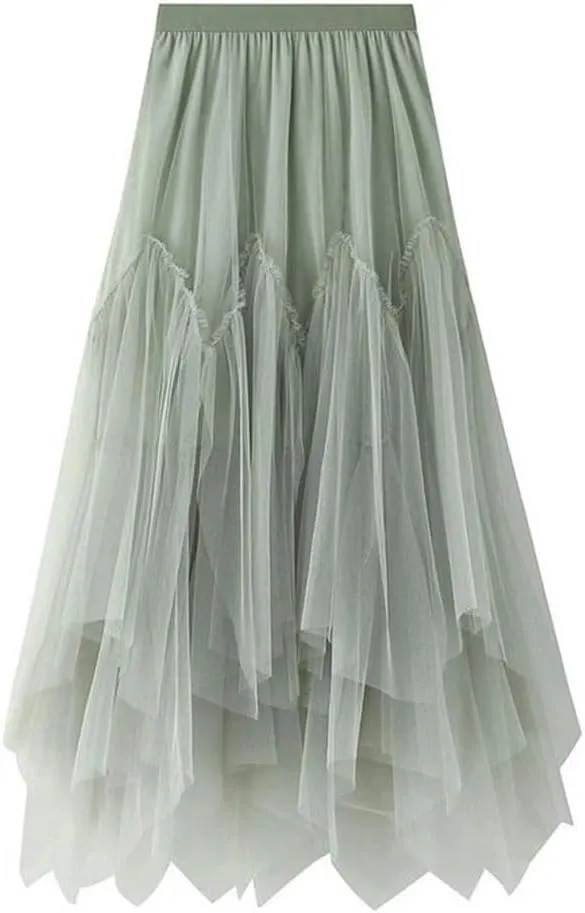 Women Irregular Long Tulle Skirts Ladies High Waist Ankle-Length Tutu Maxi Skirts