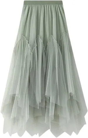 Women Irregular Long Tulle Skirts Ladies High Waist Ankle-Length Tutu Maxi Skirts