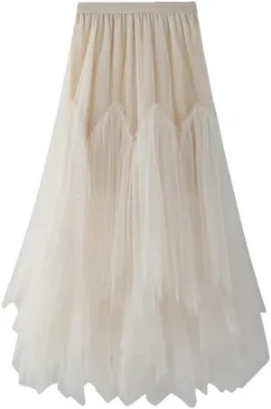 Women Irregular Long Tulle Skirts Ladies High Waist Ankle-Length Tutu Maxi Skirts