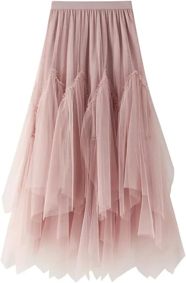 Women Irregular Long Tulle Skirts Ladies High Waist Ankle-Length Tutu Maxi Skirts