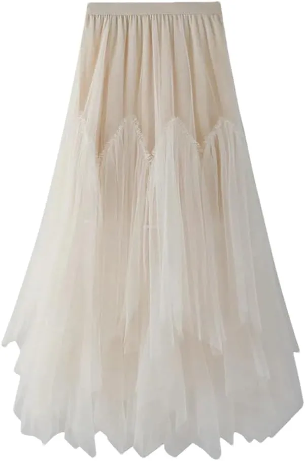 Women Irregular Long Tulle Skirts Ladies High Waist Ankle-Length Tutu Maxi Skirts