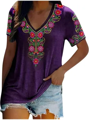 Women Mexican Embroidered Tops 2024 Summer Short Sleeve Boho Shirts V Neck Blouses Loose Fitting Bohemian Clothes