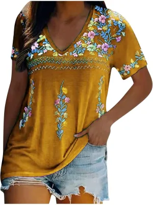 Women Mexican Embroidered Tops 2024 Summer Short Sleeve Boho Shirts V Neck Blouses Loose Fitting Bohemian Clothes