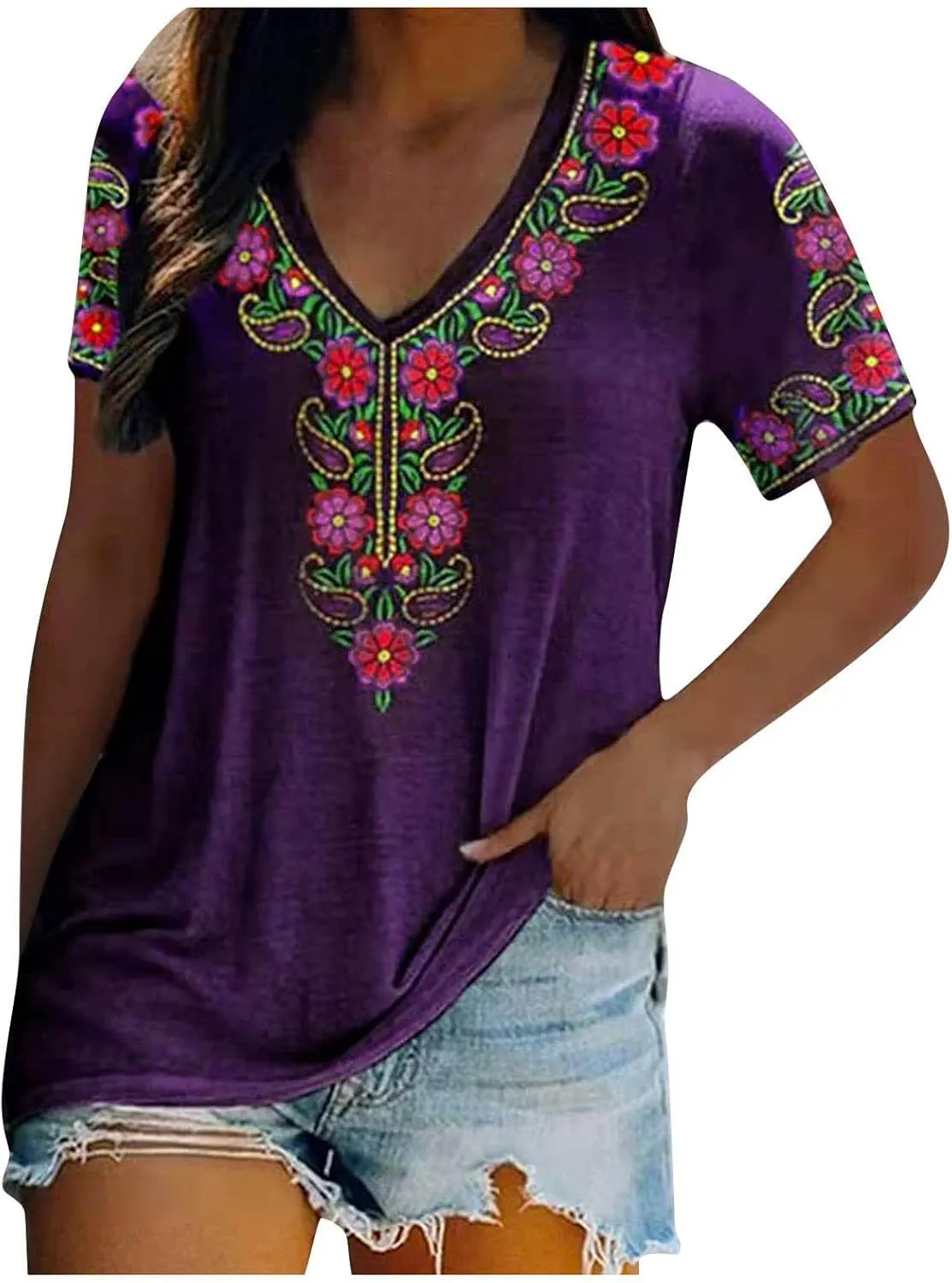 Women Mexican Embroidered Tops 2024 Summer Short Sleeve Boho Shirts V Neck Blouses Loose Fitting Bohemian Clothes