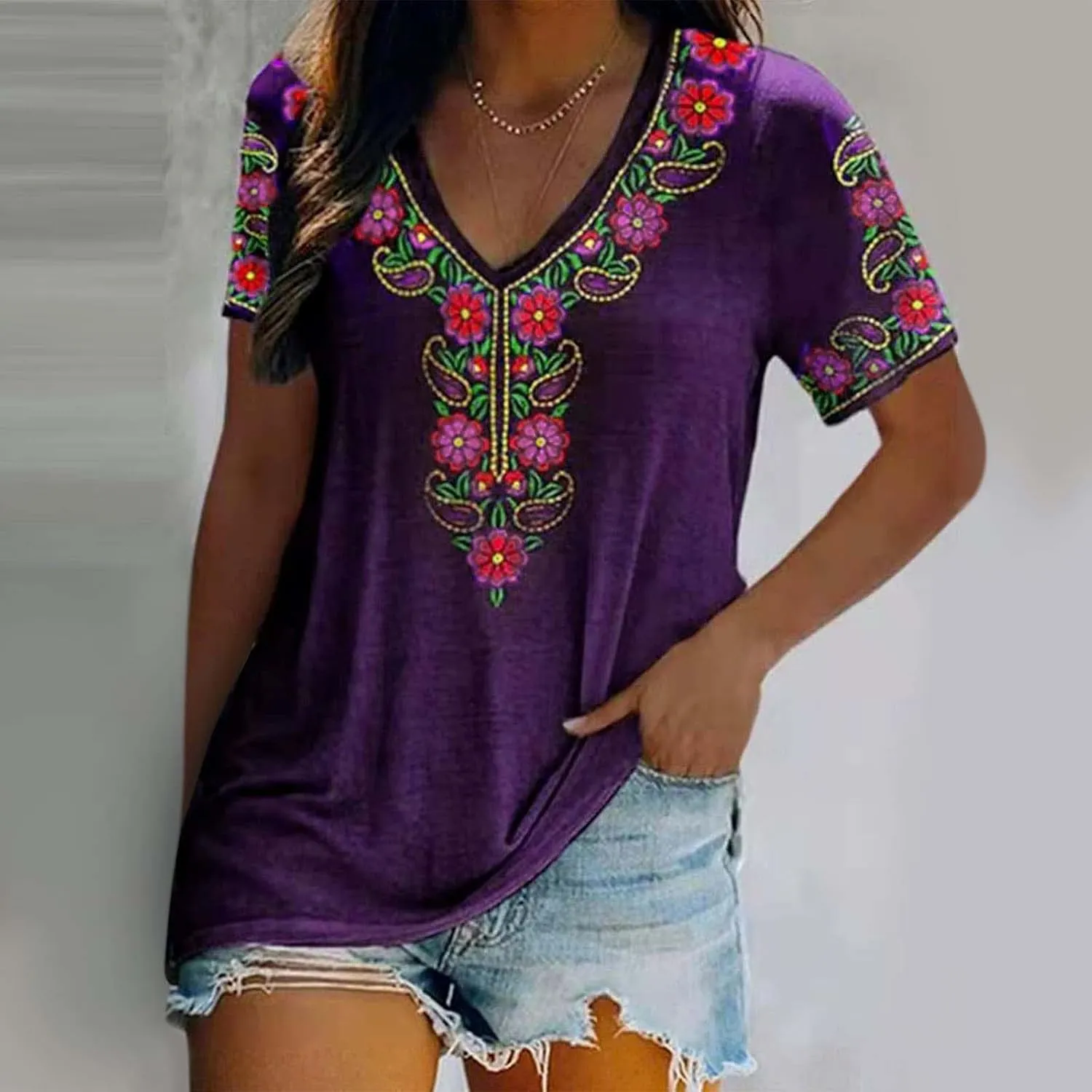 Women Mexican Embroidered Tops 2024 Summer Short Sleeve Boho Shirts V Neck Blouses Loose Fitting Bohemian Clothes