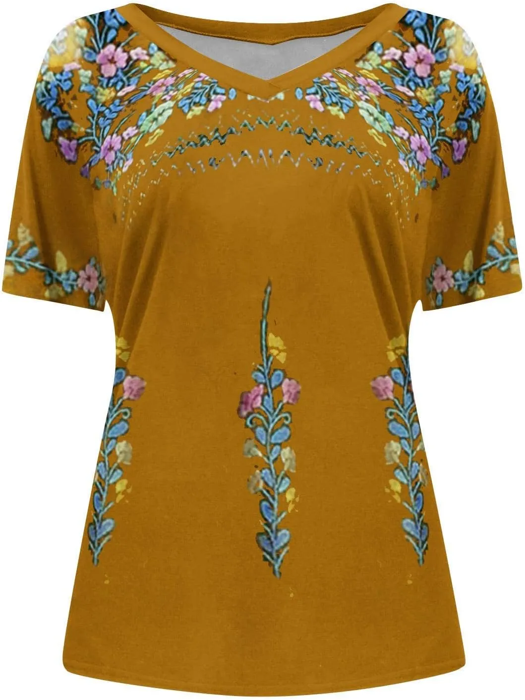 Women Mexican Embroidered Tops 2024 Summer Short Sleeve Boho Shirts V Neck Blouses Loose Fitting Bohemian Clothes