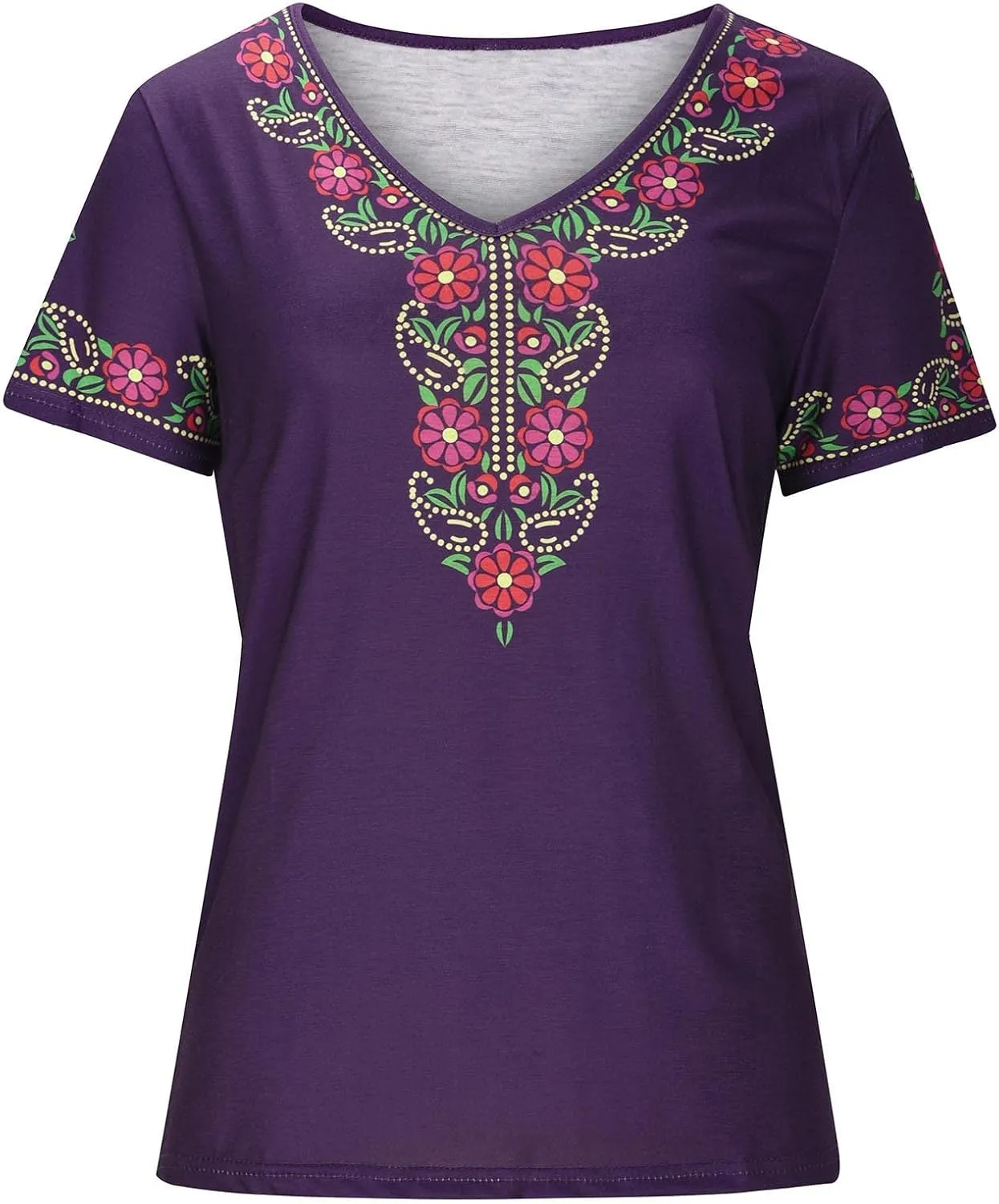 Women Mexican Embroidered Tops 2024 Summer Short Sleeve Boho Shirts V Neck Blouses Loose Fitting Bohemian Clothes
