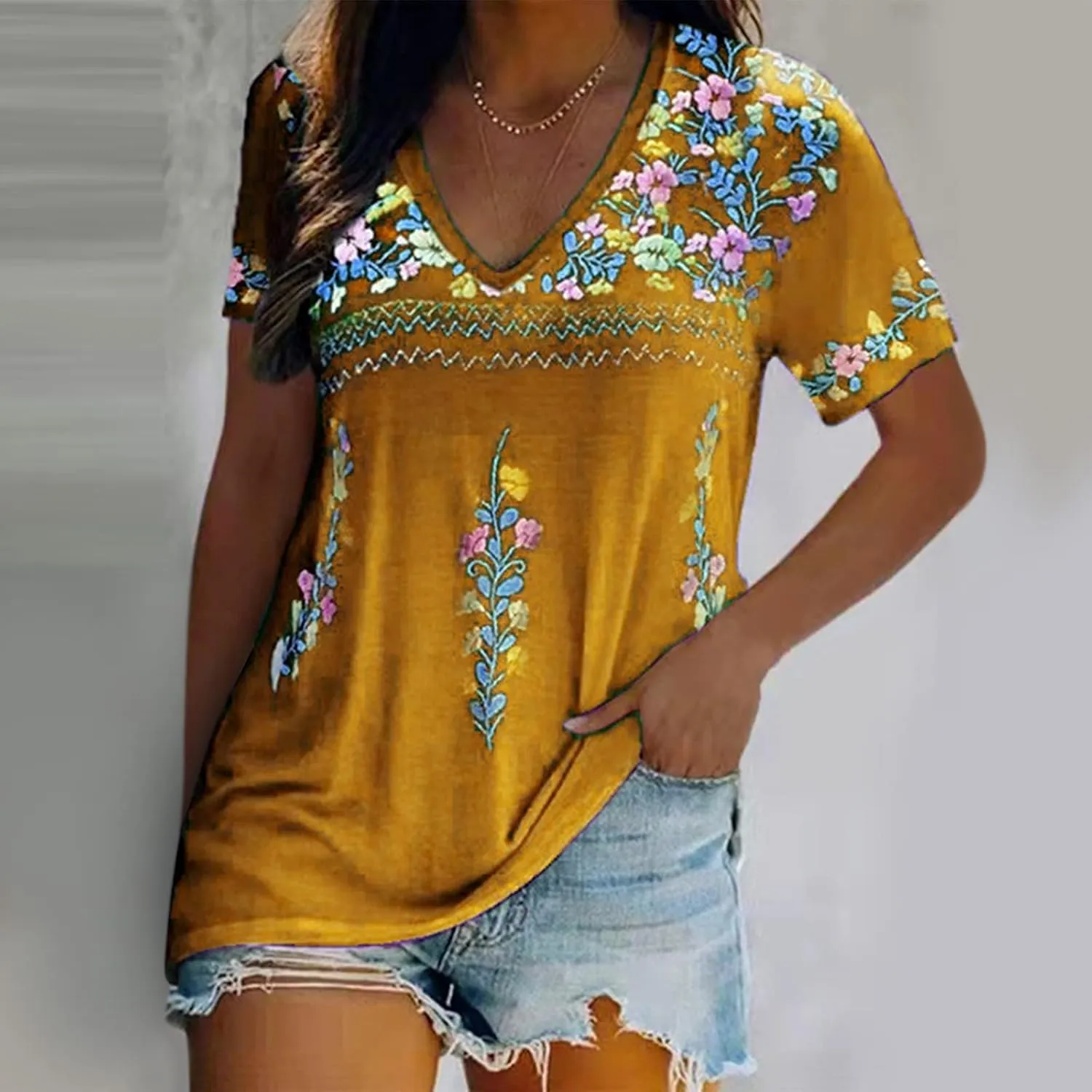 Women Mexican Embroidered Tops 2024 Summer Short Sleeve Boho Shirts V Neck Blouses Loose Fitting Bohemian Clothes