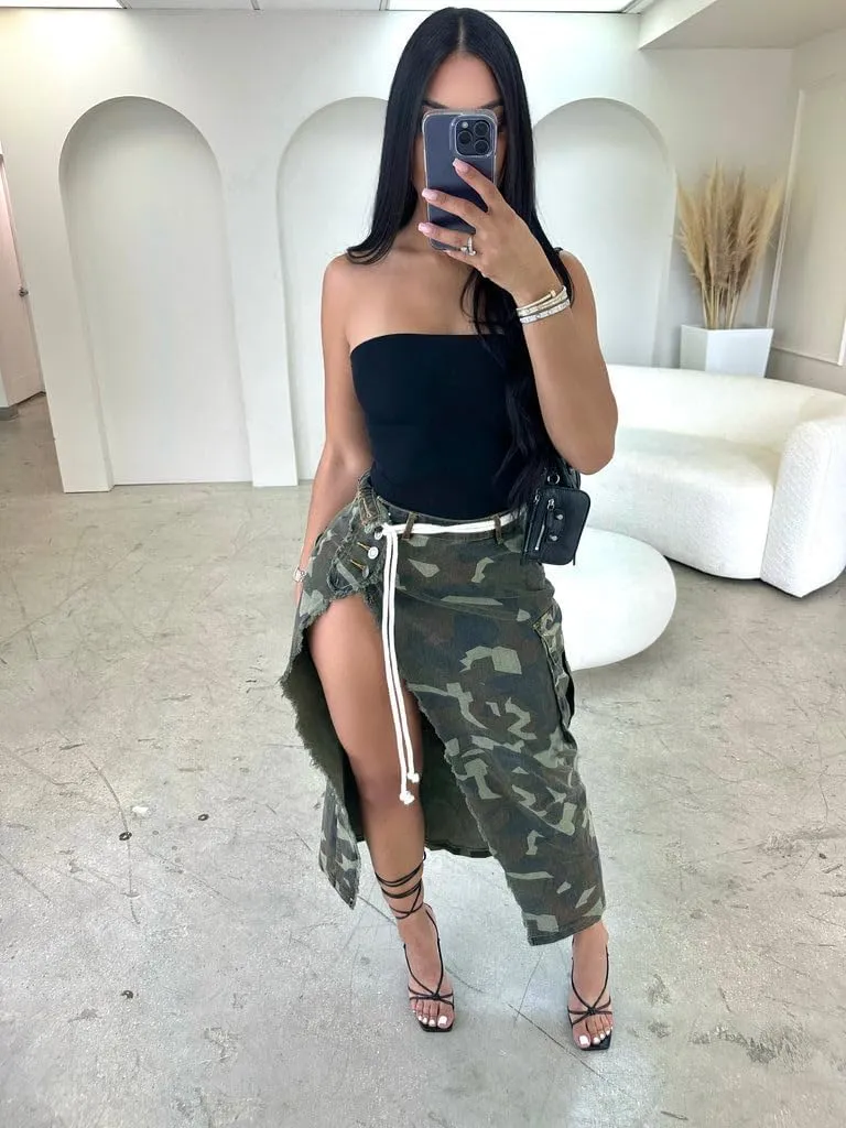 Women Midi Skirt Camo Skirt Cargo Skirt for Women Sexy High Split Skirt Maxi Skirts Army Fatigue Skirts Denim Skirt