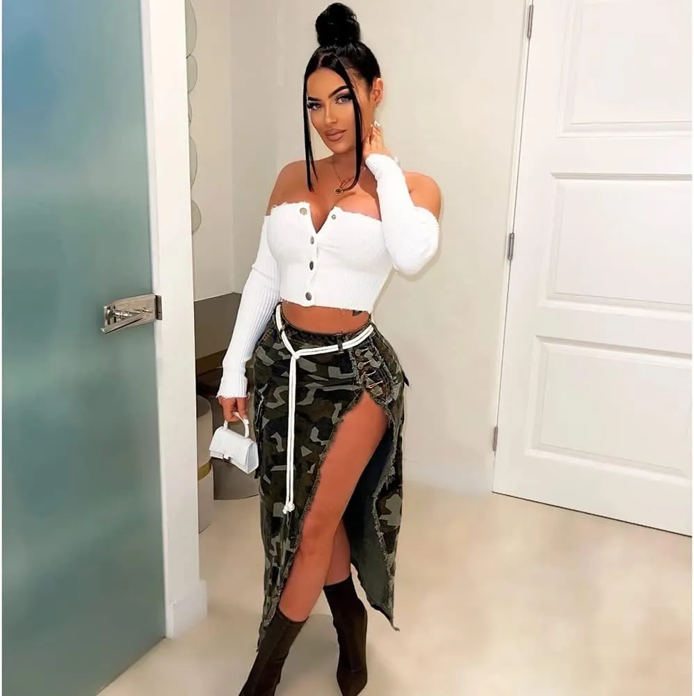 Women Midi Skirt Camo Skirt Cargo Skirt for Women Sexy High Split Skirt Maxi Skirts Army Fatigue Skirts Denim Skirt