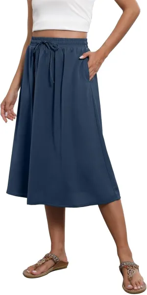 Women Midi Skirt Summer Drawstring High Waist Knee Length Skirts Pleated A Line Flowy Work Skirts with Pockets (S-2Xl)