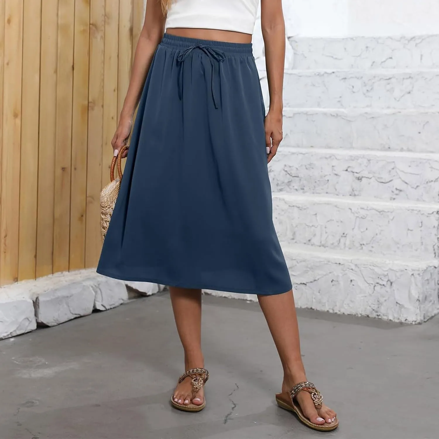 Women Midi Skirt Summer Drawstring High Waist Knee Length Skirts Pleated A Line Flowy Work Skirts with Pockets (S-2Xl)