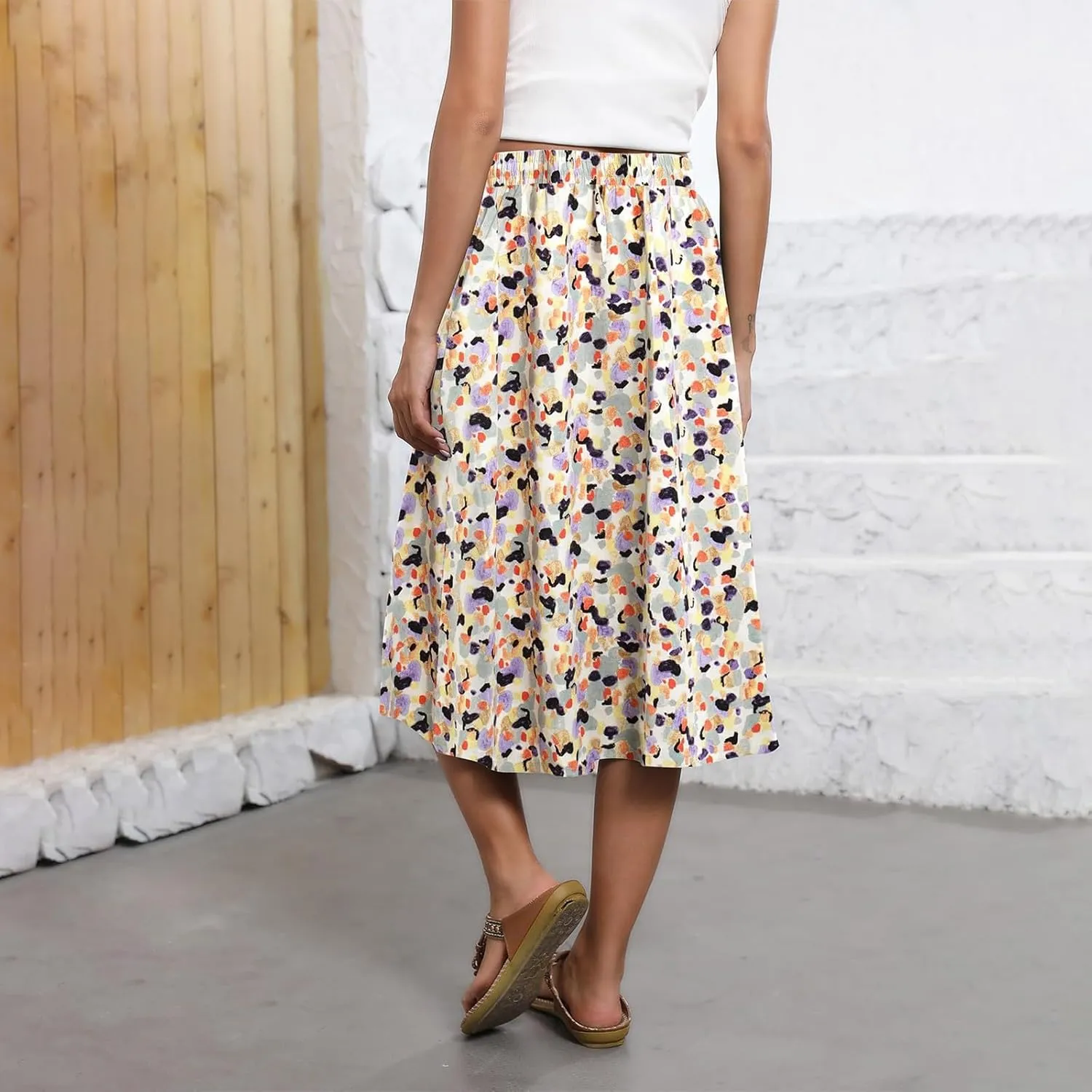 Women Midi Skirt Summer Drawstring High Waist Knee Length Skirts Pleated A Line Flowy Work Skirts with Pockets (S-2Xl)