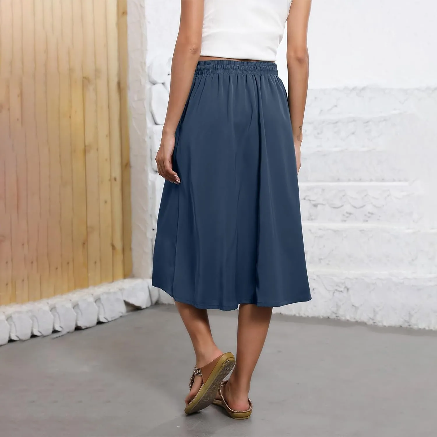 Women Midi Skirt Summer Drawstring High Waist Knee Length Skirts Pleated A Line Flowy Work Skirts with Pockets (S-2Xl)