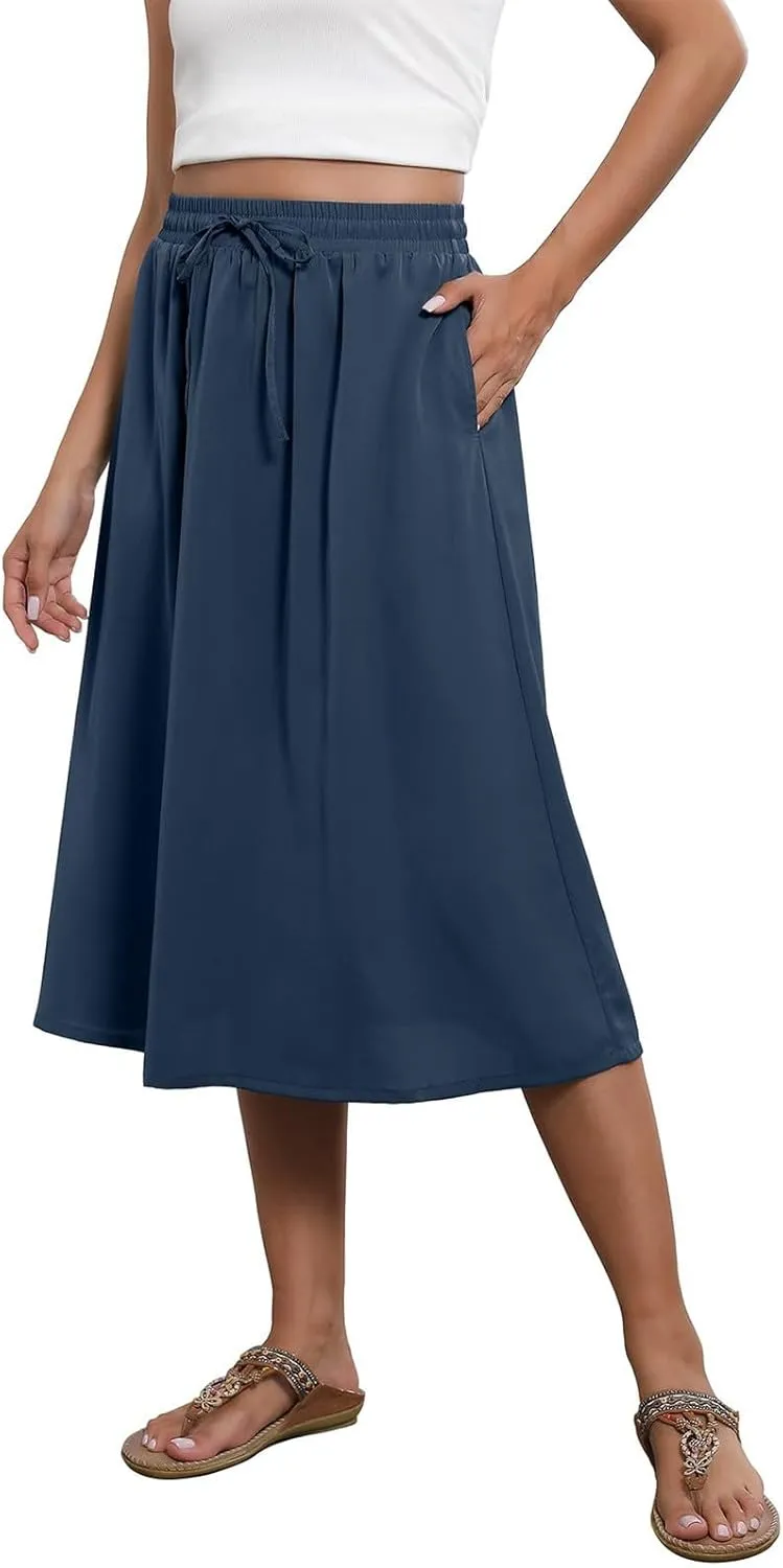 Women Midi Skirt Summer Drawstring High Waist Knee Length Skirts Pleated A Line Flowy Work Skirts with Pockets (S-2Xl)