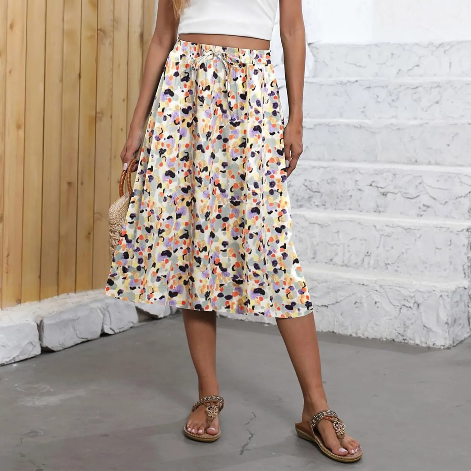 Women Midi Skirt Summer Drawstring High Waist Knee Length Skirts Pleated A Line Flowy Work Skirts with Pockets (S-2Xl)
