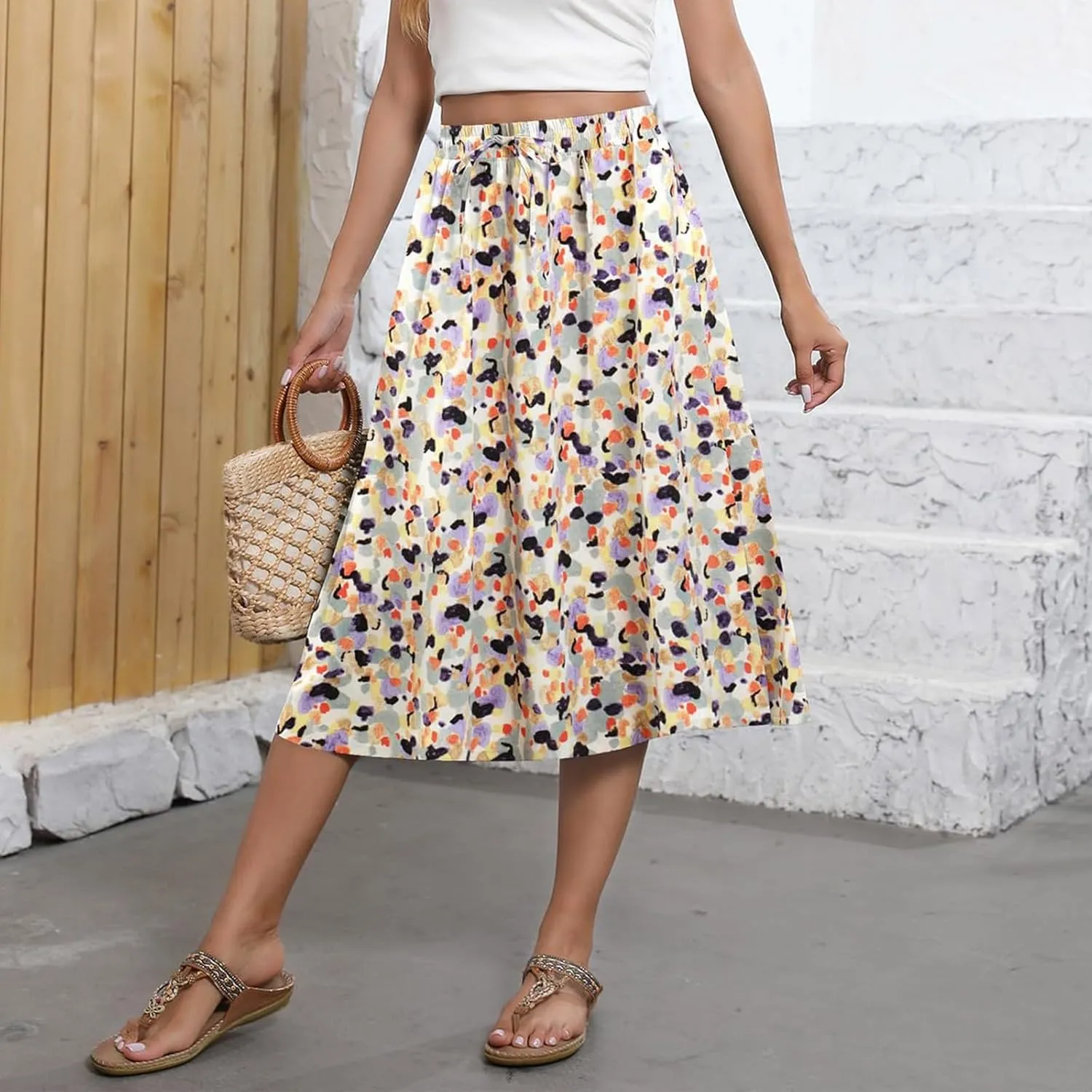 Women Midi Skirt Summer Drawstring High Waist Knee Length Skirts Pleated A Line Flowy Work Skirts with Pockets (S-2Xl)