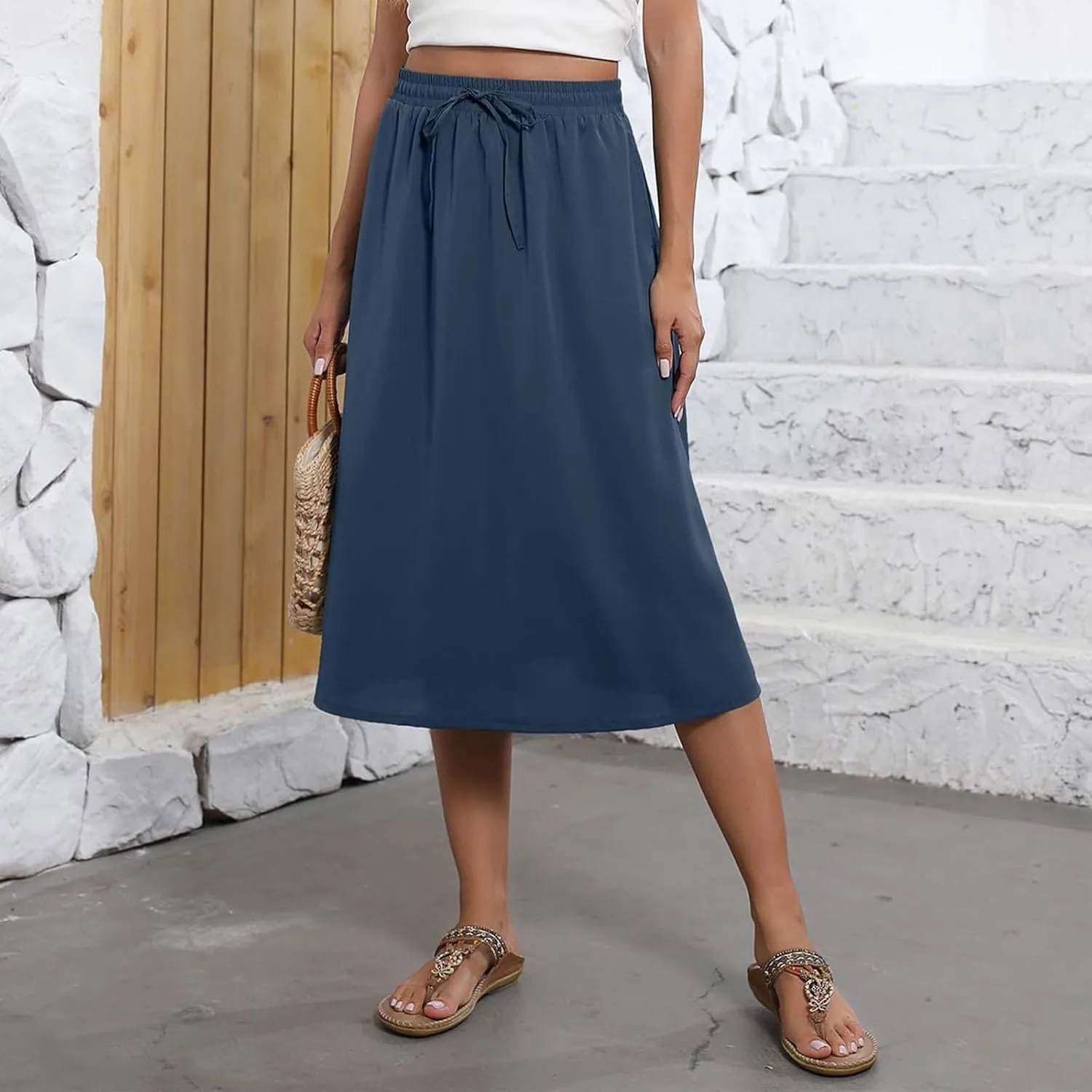 Women Midi Skirt Summer Drawstring High Waist Knee Length Skirts Pleated A Line Flowy Work Skirts with Pockets (S-2Xl)