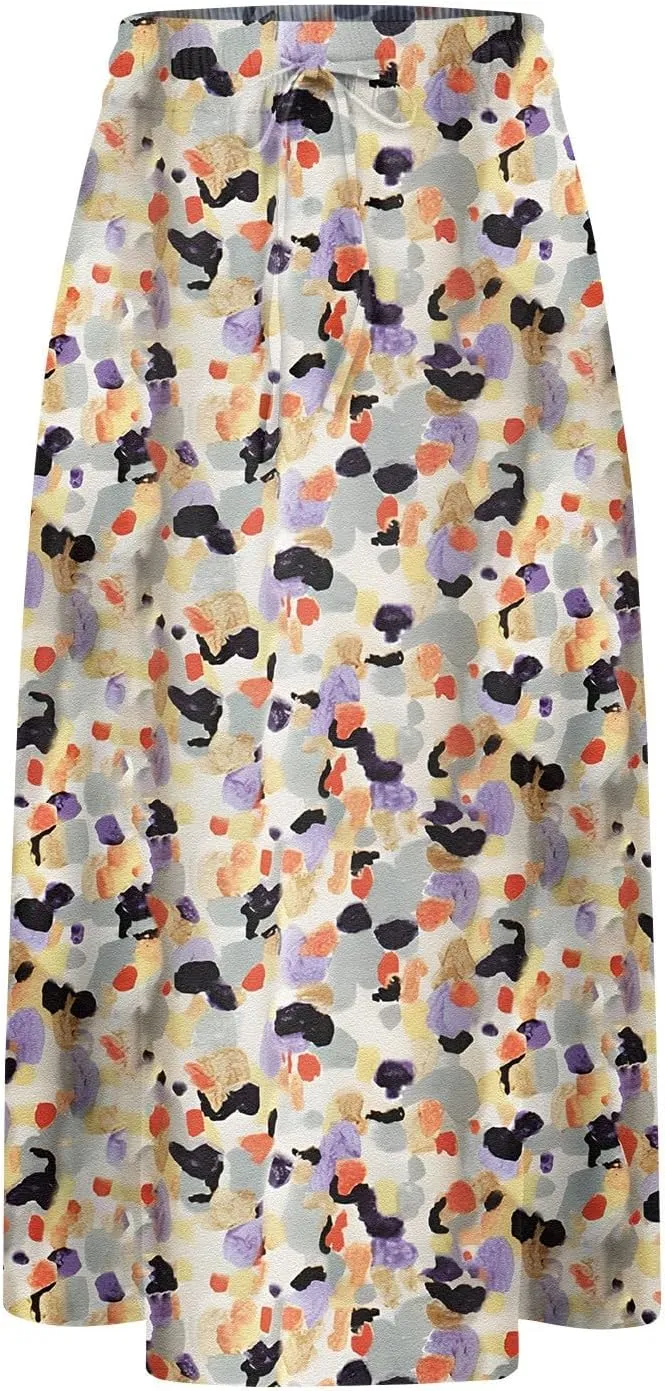 Women Midi Skirt Summer Drawstring High Waist Knee Length Skirts Pleated A Line Flowy Work Skirts with Pockets (S-2Xl)
