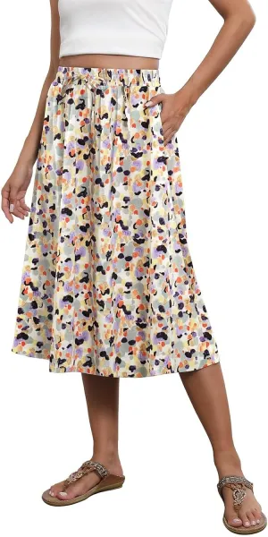 Women Midi Skirt Summer Drawstring High Waist Knee Length Skirts Pleated A Line Flowy Work Skirts with Pockets (S-2Xl)