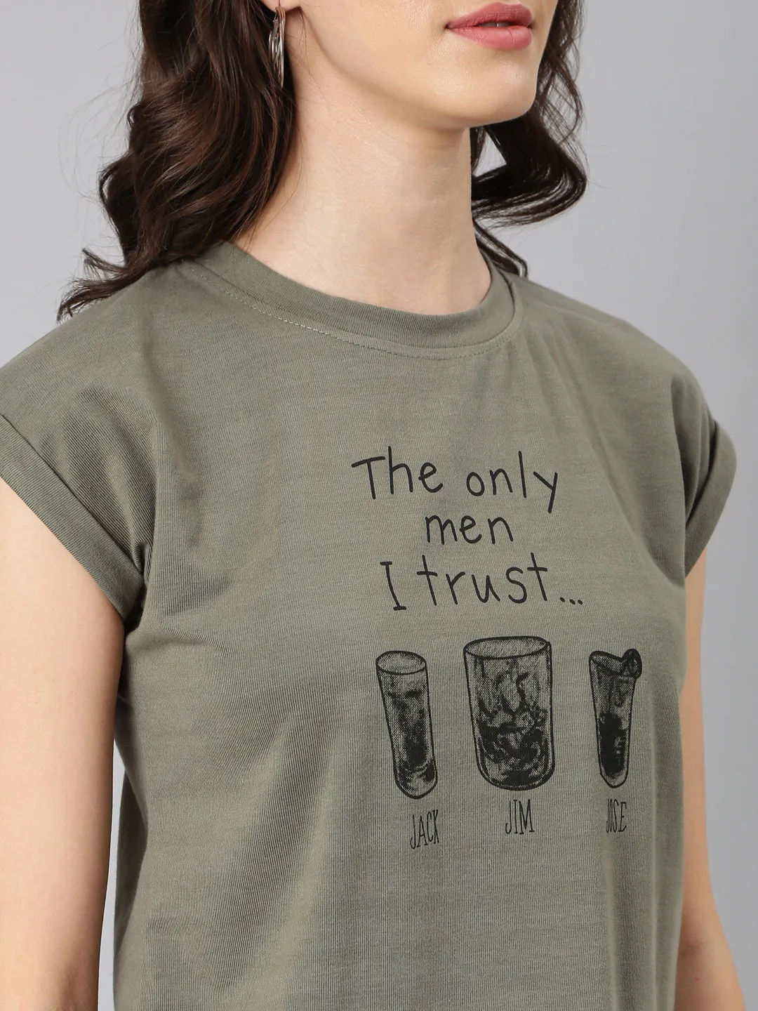 Women Olive Typographic Slim Fit Tshirt