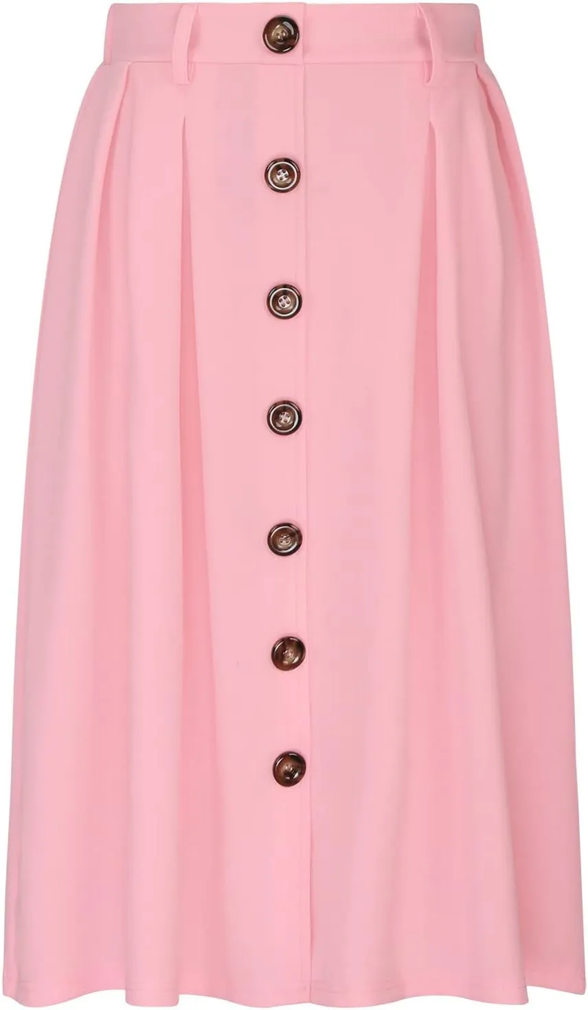 Women Pleated A-line Midi Skirts Elastic Waist Button Front Skirt Casual Flared Long Skirts with Pocket for Womens