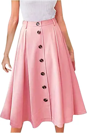 Women Pleated A-line Midi Skirts Elastic Waist Button Front Skirt Casual Flared Long Skirts with Pocket for Womens