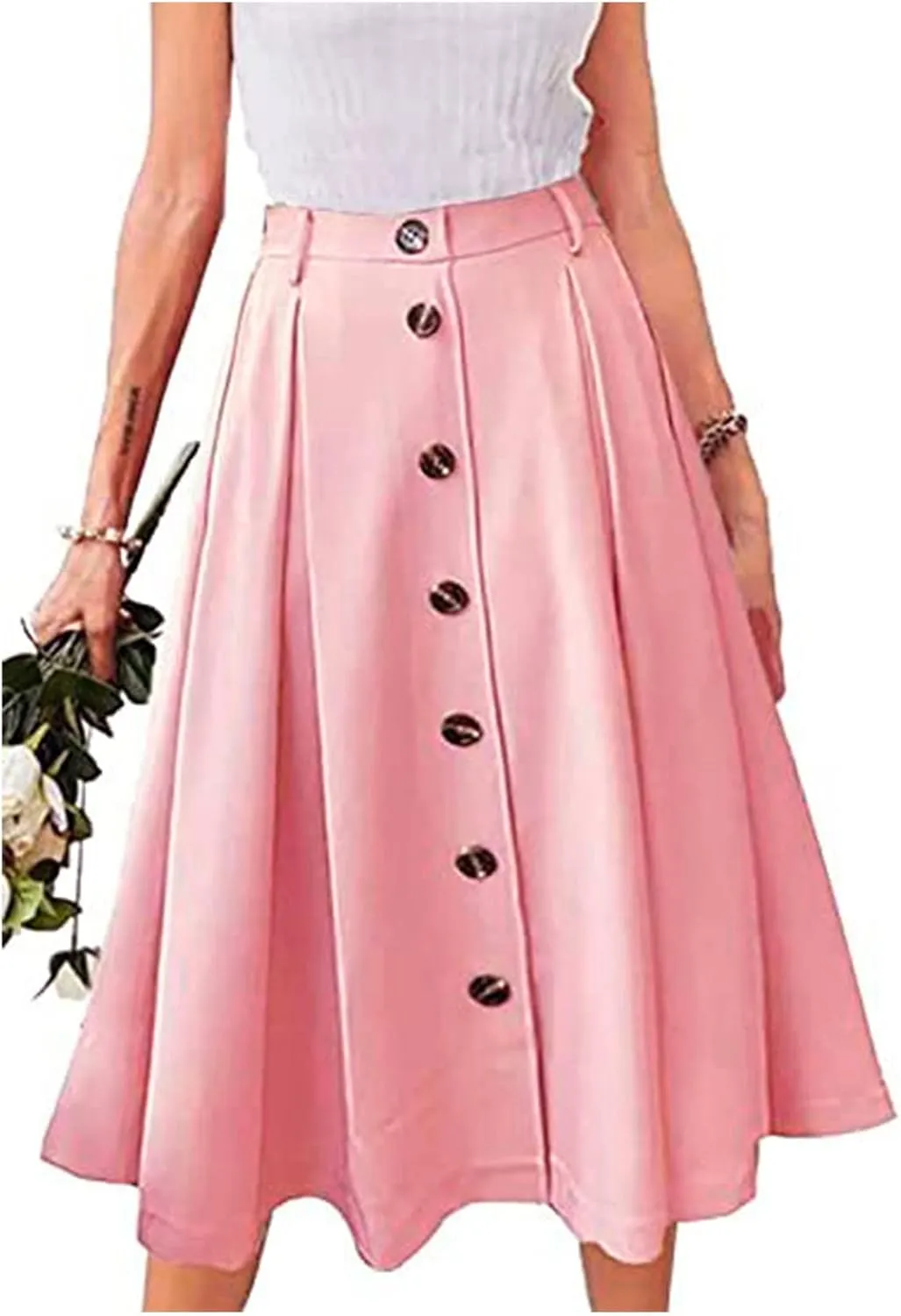Women Pleated A-line Midi Skirts Elastic Waist Button Front Skirt Casual Flared Long Skirts with Pocket for Womens